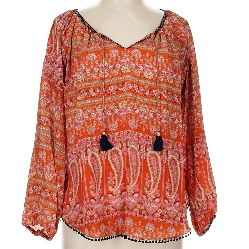 Calypso St. Barth Orange White 3/4 Sleeve Tie Front Blouse